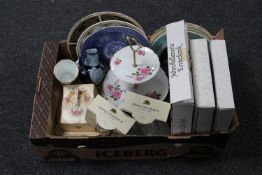 A box of wall plates, Ringtons mugs,