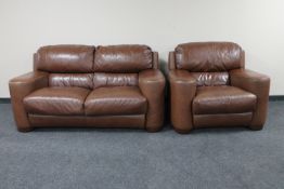 A brown leather two seater settee with chair
