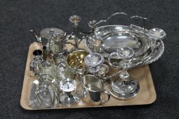 A tray of plated items, candelabrum, cruet set, tea spoons,