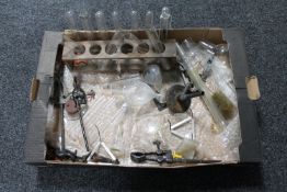 A box of vintage chemistry equipment - clamp, Bunsen burner,