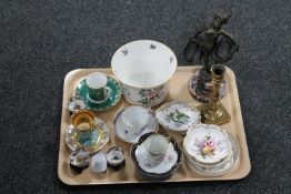 A tray of metal figure on marble plinth, brass candlestick, quantity of china,