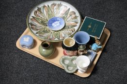 A tray of studio pottery bowls, Wedgwood jasper ware, Beswick Peter rabbit, Hummel figure,