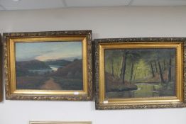 Two continental school gilt framed oils on canvas - River through a landscape and a further