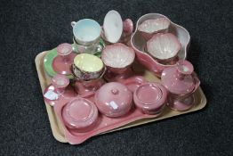 A tray of Maling brown chintz finger bowl, Maling tea cups and saucers, pink lustre dishes,