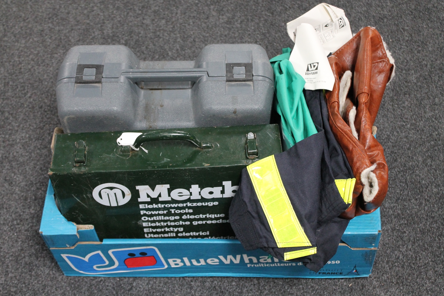 A box of cased Metabo corded hammer drill,