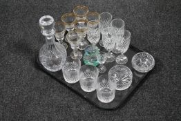 A tray of lead crystal decanter, drinking glasses,