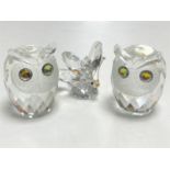 Two Swarovski crystal owls and butterfly (a/f)