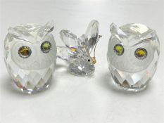 Two Swarovski crystal owls and butterfly (a/f)