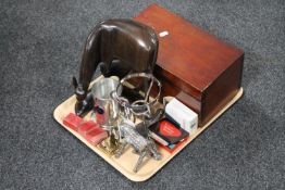 A tray of plated stand, Masonic stand, desk clock, Ronson lighter and service kit,