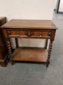 An oak barleytwist single drawer hall table,
