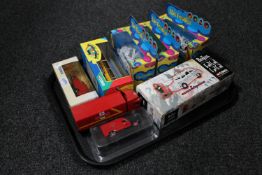 A tray containing five boxed Corgi Beatles die cast vehicles together with three further Royal Mail