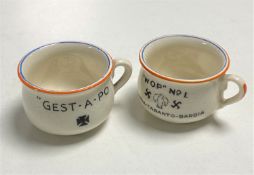 Two Fieldings World War II era propaganda pots - We've got him on the run and Flip your ashes on