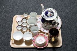 A tray of antique commemorative mugs, two Shelley cups, Victorian lustre teapot,