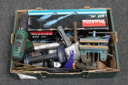 A box of Makita portable vacuum, hand tools,