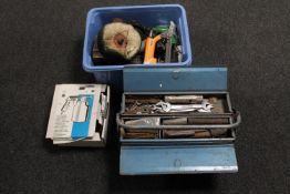 A metal concertina tool box containing hand tools, box of nail guns and nails,