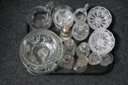 A tray of antique and later glass ware to include pair of silver rimmed vases, bowls, sugar sifter,
