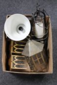 A box of paraffin lamp, three brass and glass hanging lantern lights,