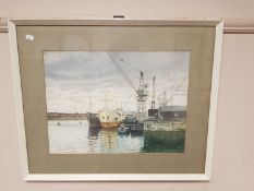 Leslie Dowsland : Study of a fishing boats in a harbour, watercolour, signed and dated 1975,