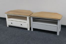 A pair of contemporary oak topped corner TV stands