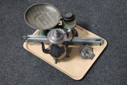 A tray of vintage scales and weights, plated coffee pot,