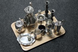 A tray of twentieth century plated wares, sugar sifter, tea ware,
