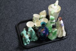 A tray of eight piece Crown Ducal tea service, hand painted figurine,