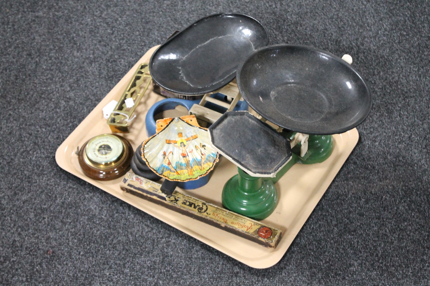 A tray of two sets of scales with weights, miniature brass fender, barometer,