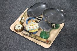 A tray of two sets of scales with weights, miniature brass fender, barometer,