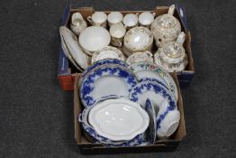 Two boxes of antique cream and gilt china tea service together with a box of antique blue and white