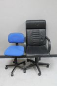 A high backed swivel office chair together with a typists chair