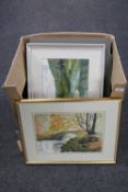 A box containing a collection of framed and unframed watercolours by B.