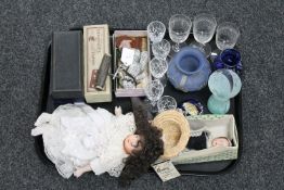 A tray of two vintage dolls, corkscrew, cased dominoes,