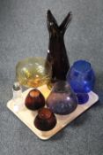 A tray of five twentieth century glass vases,