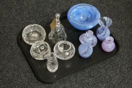 A tray of assorted lead crystal, Edinburgh crystal clock,