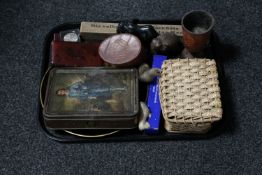 A tin and basket of buttons, oriental lacquered tray, coins, boxed recorder,