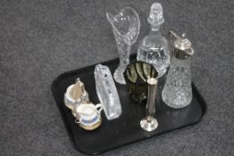 A tray of glass ware, decanter, claret jug, Norwegian lead crystal paperweight depicting a Moose,