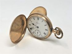 A gold plated Waltham full hunter pocket watch, movement numbered 25,586,