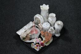 A tray of Coalport figurine, Aynsley and Wedgwood vases, Aynsley mantel clock,