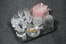 A tray of glass ware, desert set, drinking glasses, glass cloche,