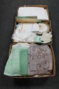 Three boxes of table linen and embroidery pieces etc