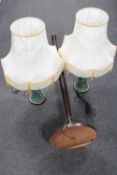 A pair of hand painted table lamps with shades together with a mahogany standard lamp