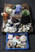 Two boxes and basket of glassware, china,