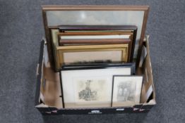 A box containing antiquarian and later signed etchings, framed watercolours,