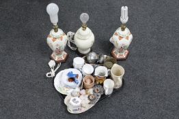 A tray of china, Toby jugs, Royal Worcester trinket pot, Wade candle holders,
