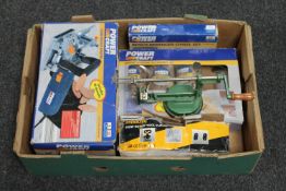A box of Powercraft biscuit jointing accessories set, bench morticer chisel set,