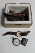 A box of assorted gentleman's watches, pocket watches, small quantity of coins,