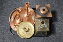 A tray of Art Nouveau copper tray, candlesticks,