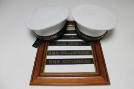 Two Royal Navy hats - HMS Nelson and Collingwood together with a frame of five Naval hat bands