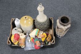 A box of Bossons plaques, stoneware jars, Bretby vase,