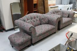 A pair of Victorian style two seater settees with cushions upholstered in classical floral fabric
